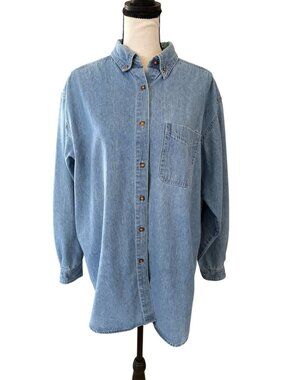 Eddie Bauer Denim Shirt Women's XL Button Down Heavy Pocket 90's
